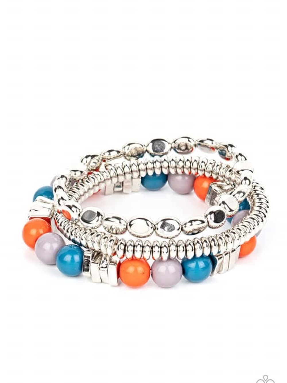 paparazzi Silver Multi-Strand Bracelet with Blue, Orange, and Lavender Beads